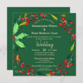 レッドベリーリースグリーン金ゴールドクリスマス結婚ズ 招待状 (正面/裏面)