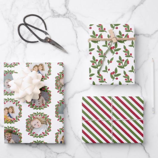 レッドベリーリースフォトコラージュクリスマス ラッピングペーパーシート (正面)