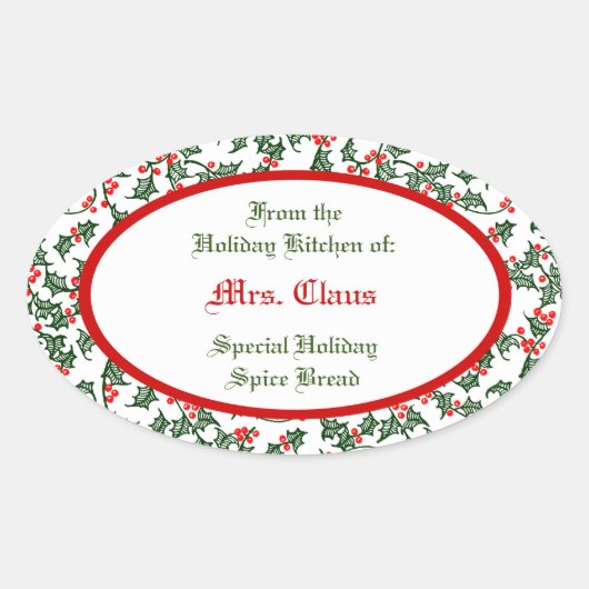 レッドベリー付きグリーンホリーカスタムベーキングシール 楕円形シール (正面)