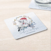 レッドベリー金ゴールドリースシベリアハスキードッグクリスマス スクエアペーパーコースター (アングル)