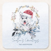 レッドベリー金ゴールドリースシベリアハスキードッグクリスマス スクエアペーパーコースター (正面)