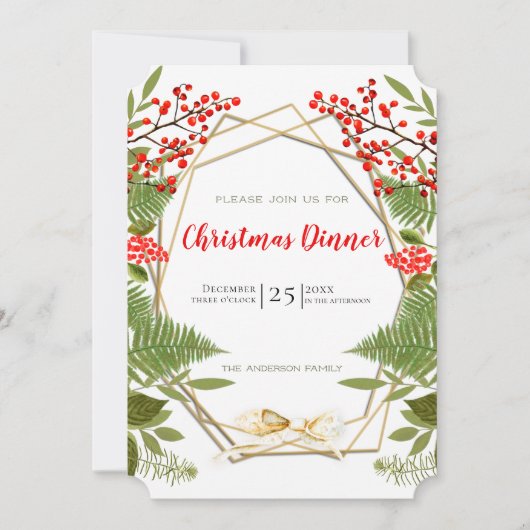 レッドベリー金ゴールド幾何学的フレームクリスマスホリデー 招待状 (正面)