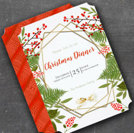 レッドベリー金ゴールド幾何学的フレームクリスマスホリデー 招待状