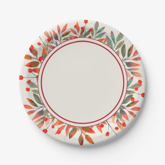 レッドベリー&ティール(緑がかった色)離れアイボリー ペーパープレート (正面)