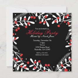 レッドベリー&ホワイト葉ズブラックホリデーパーティー 招待状
