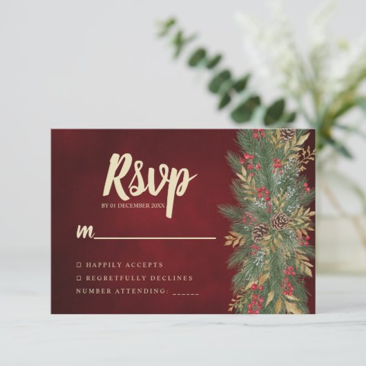 レッドベルベットのクリスマス植物画ウェディングRSVPカード 出欠カード (スタンド正面)