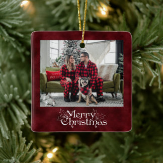 レッドベルベットのビンテージ メリークリスマス 2枚の写真 セラミックオーナメント
