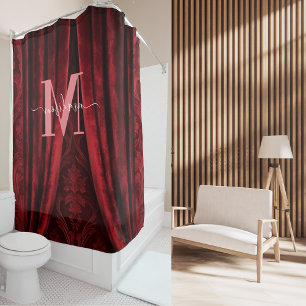 レッドベルベットピンクモノグラムモダンスクリプトウェディング シャワーカーテン