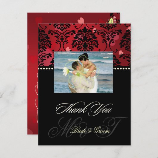レッドベルベット+ハートダマスクウェディング写真ありがとう ポストカード (正面/裏面)