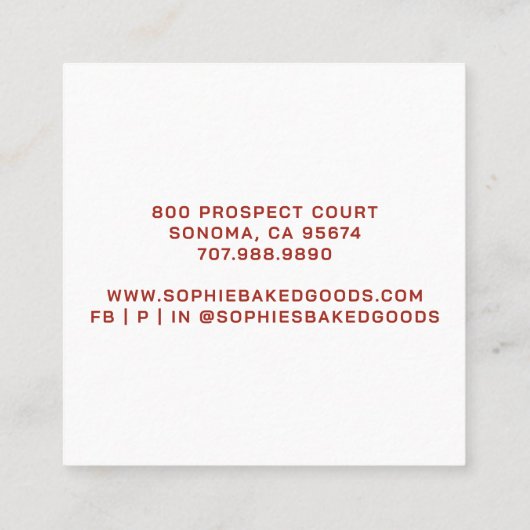 レッドベーカーベーカリーロゴパティシシェフタイポグラフィ スクエア名刺 (裏面)