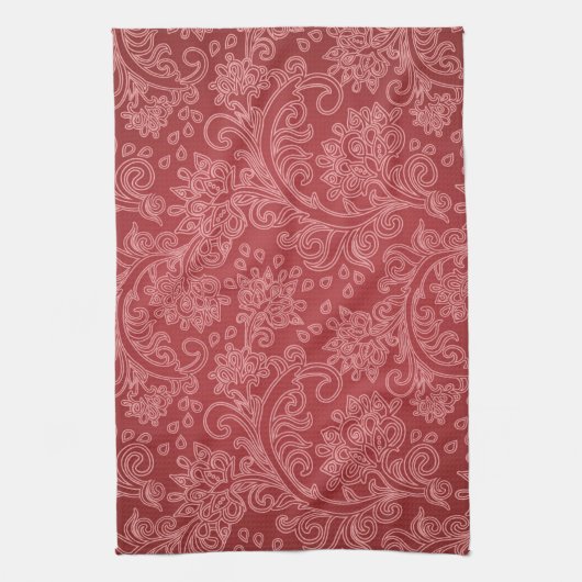 レッドペイズリーダマスクデザイナークラシックフローラ キッチンタオル (縦)