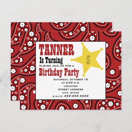 レッドペイズリーバンダナキッズカウボーイ誕生日招待状 招待状 (正面/裏面)