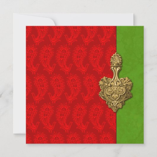 レッドペイズリーピーコックインディアン結婚式招待状 招待状 (正面)