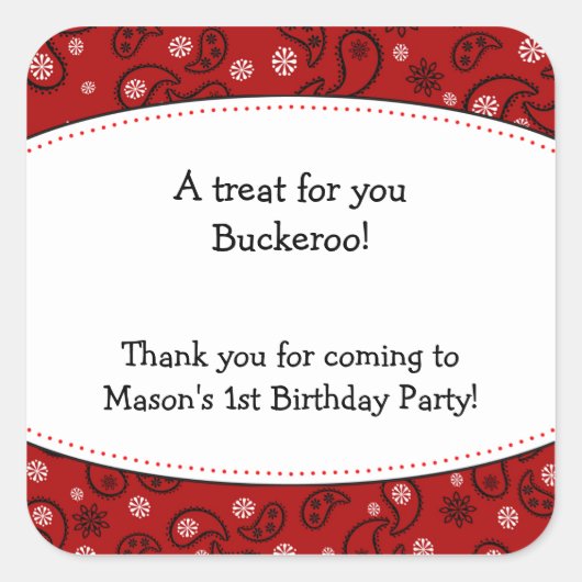 レッドペイズリーフェイスステッカーCowboy Western Label スクエアシール (正面)