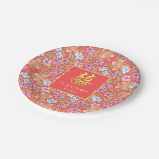 レッドペラナカンフローラ中国のダブルシ結婚ーズ ペーパープレート (アングル)