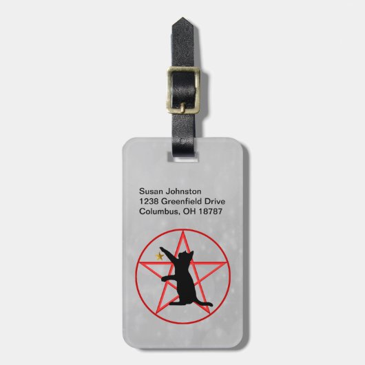 レッドペンタグラムの星を持つ黒猫のシルエット ラゲッジタグ (正面縦)