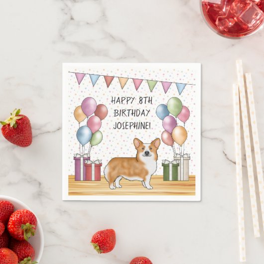 レッドペンブロークウェルシュコーギーカラフルハッピーバースデー スタンダードカクテルナプキン (インサイチュ)
