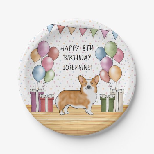 レッドペンブロークウェルシュコーギーカラフルハッピーバースデー ペーパープレート (正面)