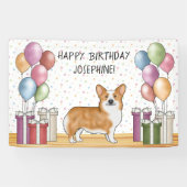 レッドペンブロークウェルシュコーギーカラフルハッピーバースデー 横断幕 (横)