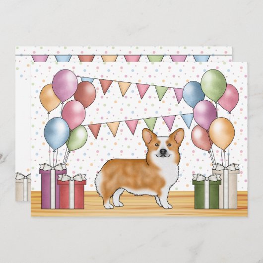 レッドペンブロークウェルシュコーギーカラフルパステル誕生日 招待状 (正面/裏面)