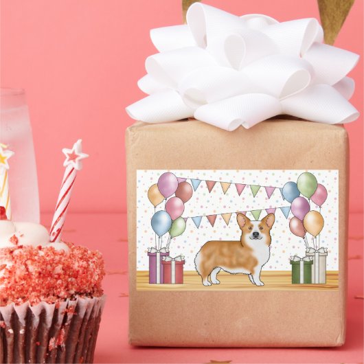 レッドペンブロークウェルシュコーギーカラフルパステル誕生日 長方形シール (パーティー)