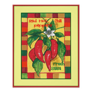 レッドホットチリピーパーズオンつる植物カラフル縁どタイル ポスター