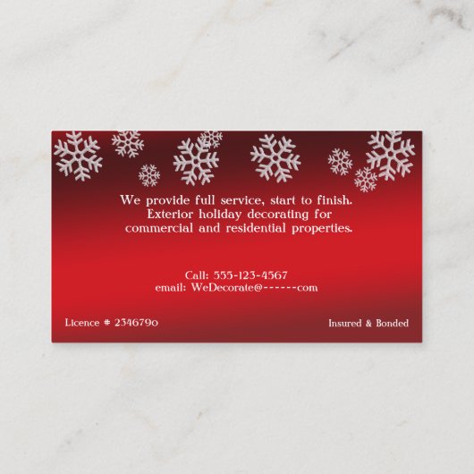 レッドホリデークリスマススノーフレーク照明会社 名刺 (裏面)