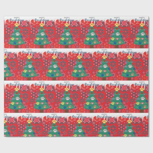 レッドホリデークリスマスツリーとポーズオーナメント ラッピングペーパー (フラット)