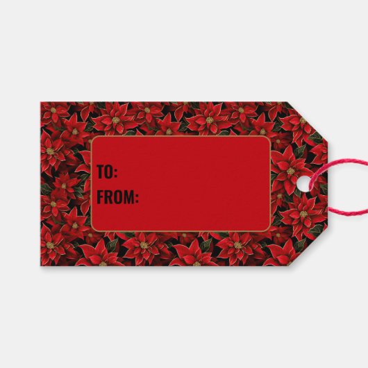 レッドホリデークリスマスポインセチア模様 ギフトタグ (正面(横))