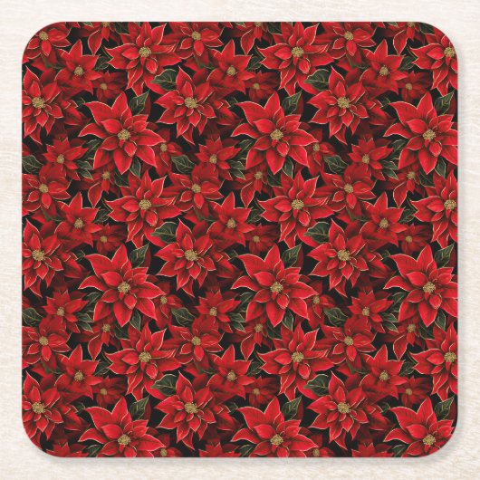 レッドホリデークリスマスポインセチア模様 スクエアペーパーコースター (正面)