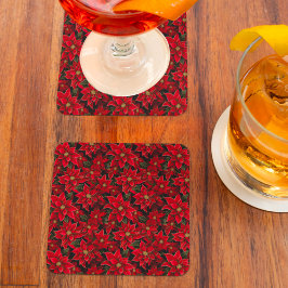 レッドホリデークリスマスポインセチア模様 スクエアペーパーコースター