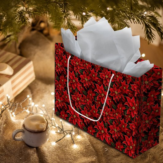 レッドホリデークリスマスポインセチア模様 ラージペーパーバッグ