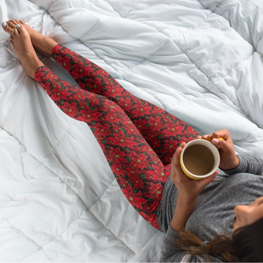 レッドホリデークリスマスポインセチア模様 レギンス