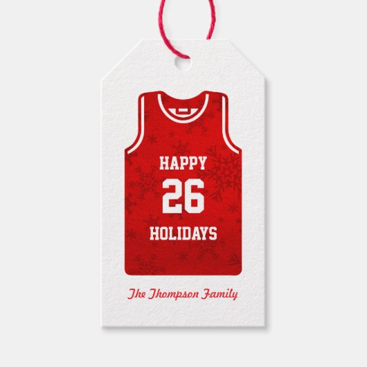 レッドホリデーバスケットボールスノーフレーク ギフトタグ (正面)