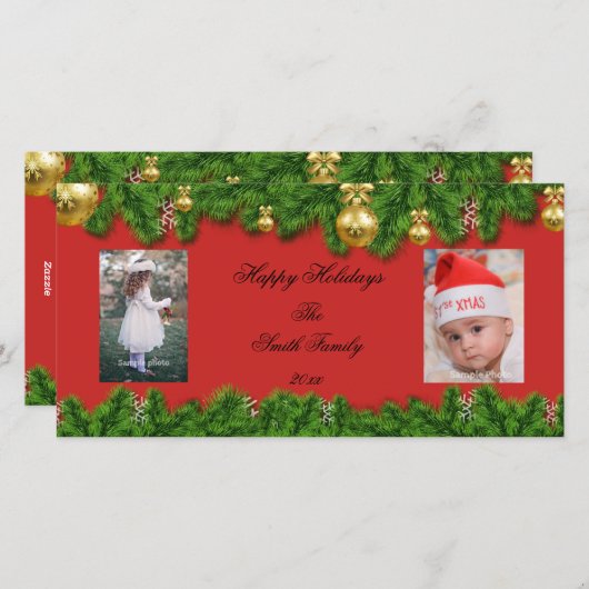 レッドホリデーパーソナライズされた2フォトカード シーズンカード (正面/裏面)