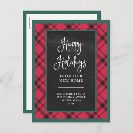 レッドホリデープレイド |新しい自宅引っ越しのお知らせ ポストカード (正面/裏面)