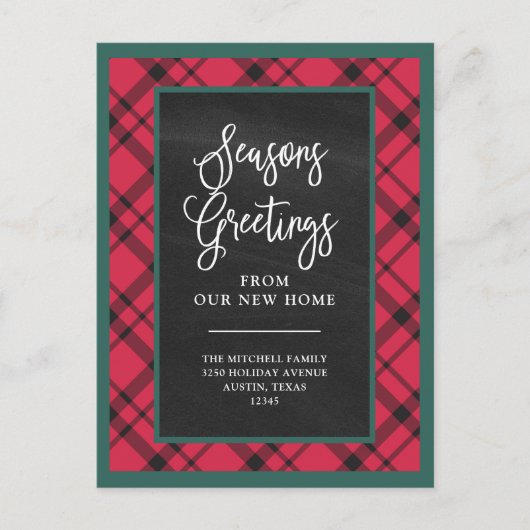 レッドホリデープレイド |新しい自宅引っ越しのお知らせ ポストカード (正面)