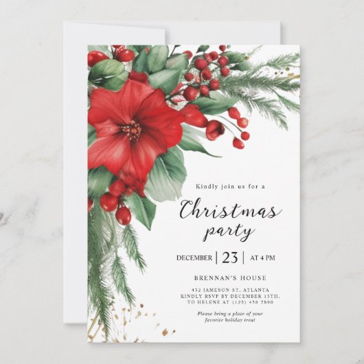レッドホリデーボタニカルクリスマスパーティー 招待状 (正面)