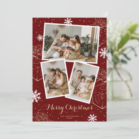 レッドホリデーメリークリスマスプレゼントフォトカード シーズンカード (スタンド正面)