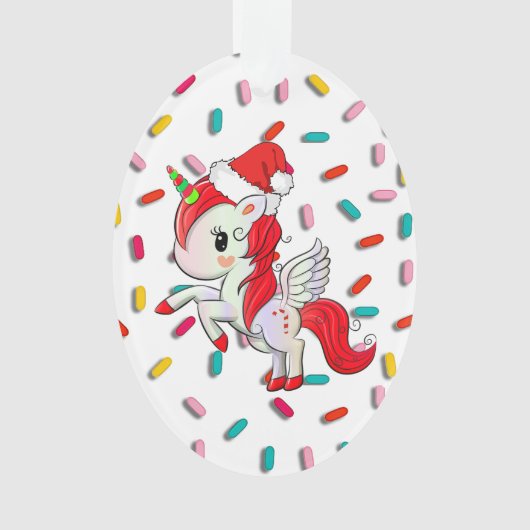 レッドホリデーユニコーンと散水クリスマス オーナメント (正面)