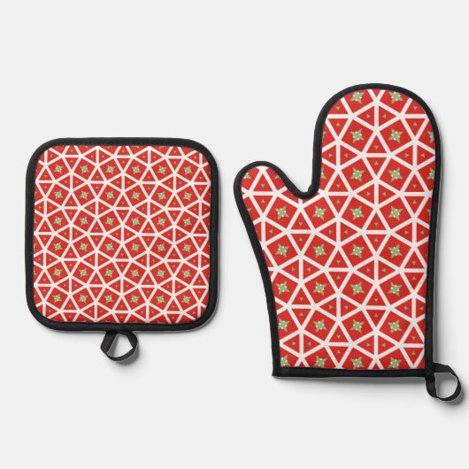 レッドホリデー幾何学スター柄 鍋つかみ&鍋敷きセット (正面)