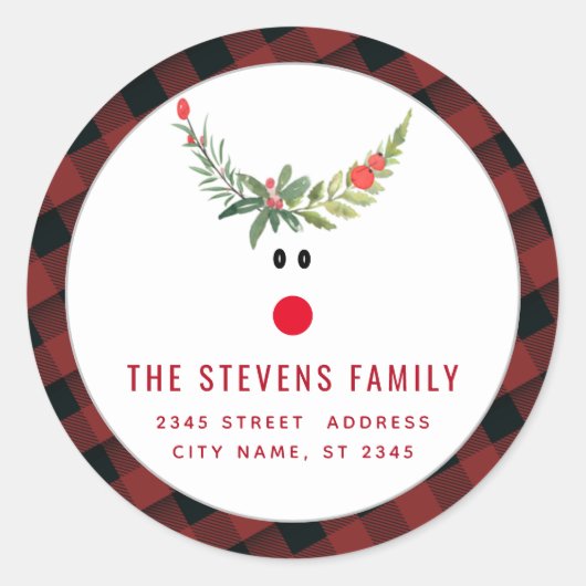 レッドホリーおもしろいトナカイモダンの休日 ラウンドシール (正面)