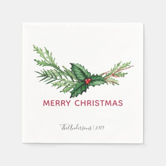 レッドホリーウォーターカラーブーケクリスマスホリデー スタンダードカクテルナプキン (正面)