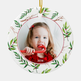 レッドホリーパターンクリスマスフォトホリデー セラミックオーナメント