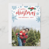 レッドホリーブルー雪片メリークリスマスフォト シーズンカード (正面)