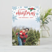 レッドホリーブルー雪片メリークリスマスフォト シーズンカード (スタンド正面)