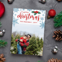 レッドホリーブルー雪片メリークリスマスフォト