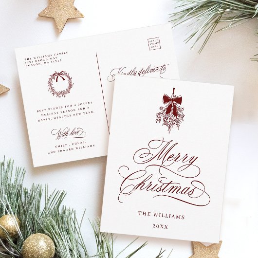 レッドホリーベリーブーケロマンチックなメリークリスマス ポストカード