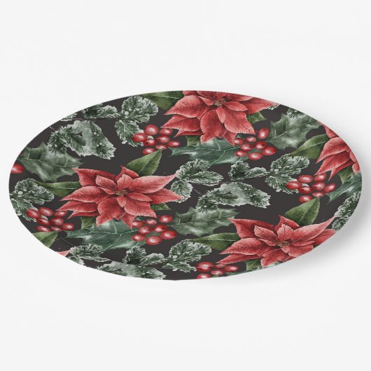 レッドホリーベリーポインセチア緑のクリスマス ペーパープレート (アングル)