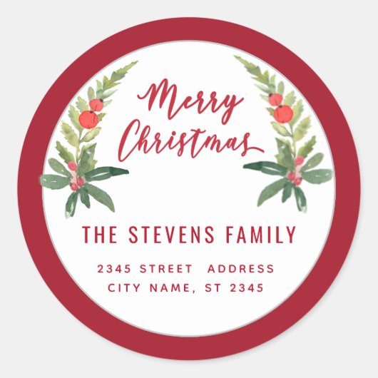 レッドホリーモダンスクリプトMerry Christmas ラウンドシール (正面)